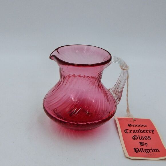 Pilgrim Glass Handblown Swirl Cranberry Vase Pitcher Applied Clear Handle 3 Inch - Picture 1 of 9